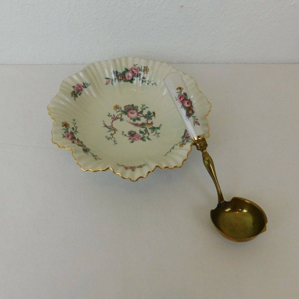 Bernardaud Limoges Porcelain Spring Time Ruffled Sauce Serving Bowl Ladle Spoon